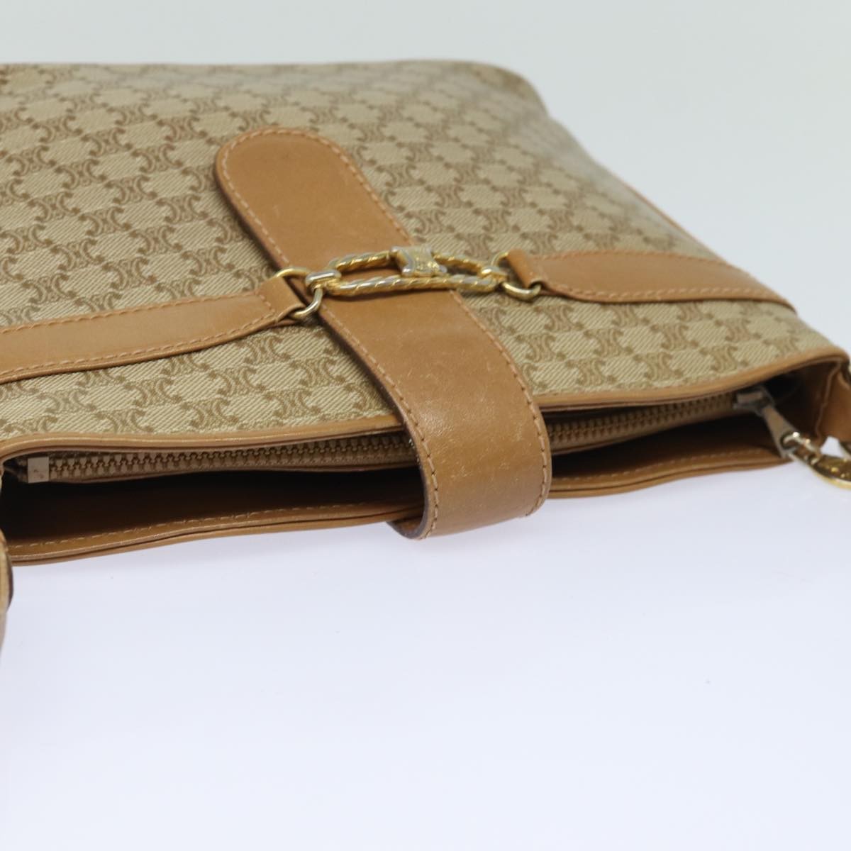 Celine Vintage Macadam Shoulder Bag Canvas and Leather, Beige, Canvas, Shoulder Bag