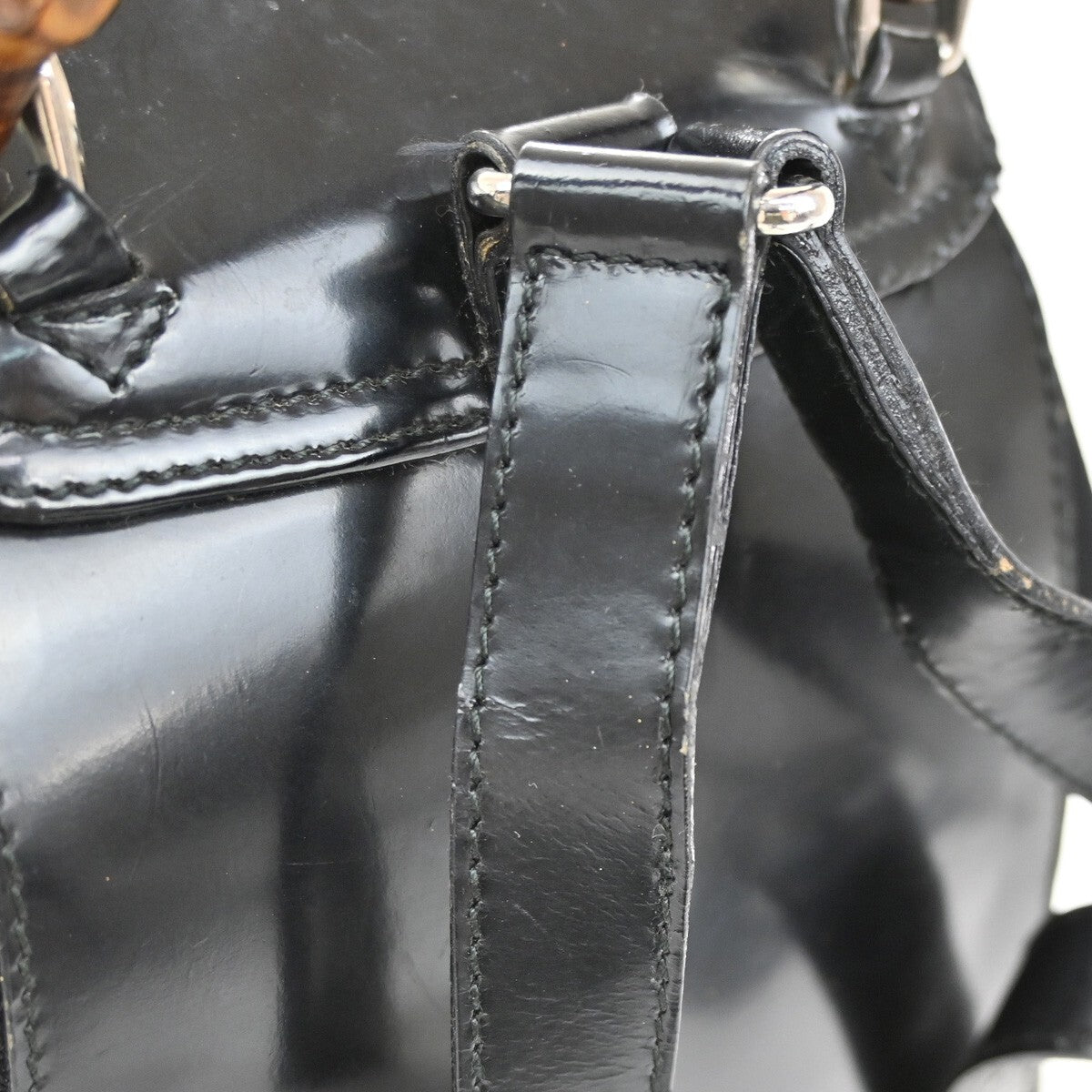 Gucci Vintage Bamboo Backpack Nylon and Patent Leather, BLACK, NYLON, Backpack