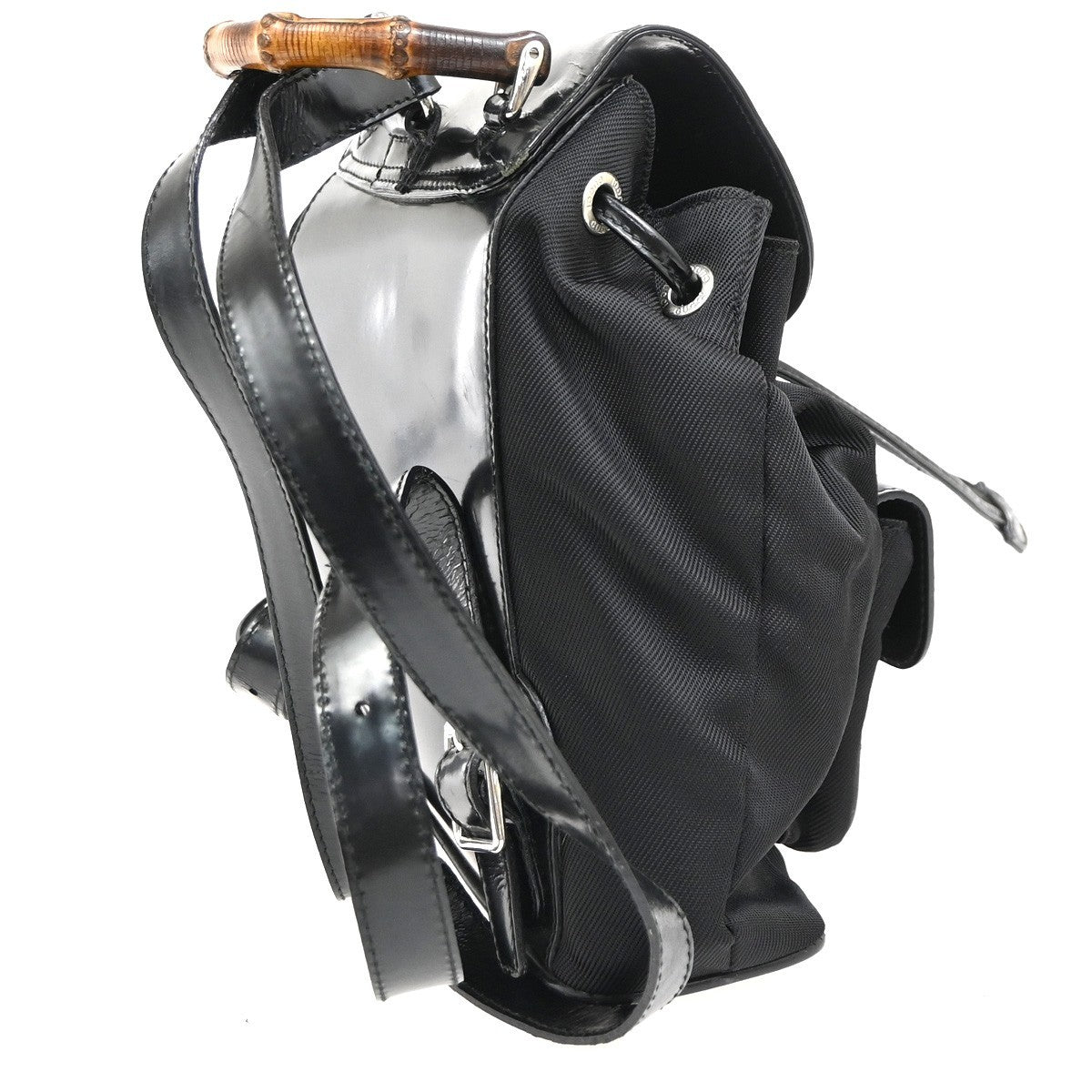 Gucci Vintage Bamboo Backpack Nylon and Patent Leather, BLACK, NYLON, Backpack