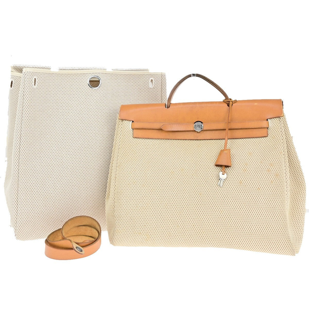 Hermes Herbag Zip Leather and Toile, BROWN, CANVAS, Travel bag