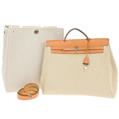 Hermes Herbag Zip Leather and Toile, BROWN, CANVAS, Travel bag