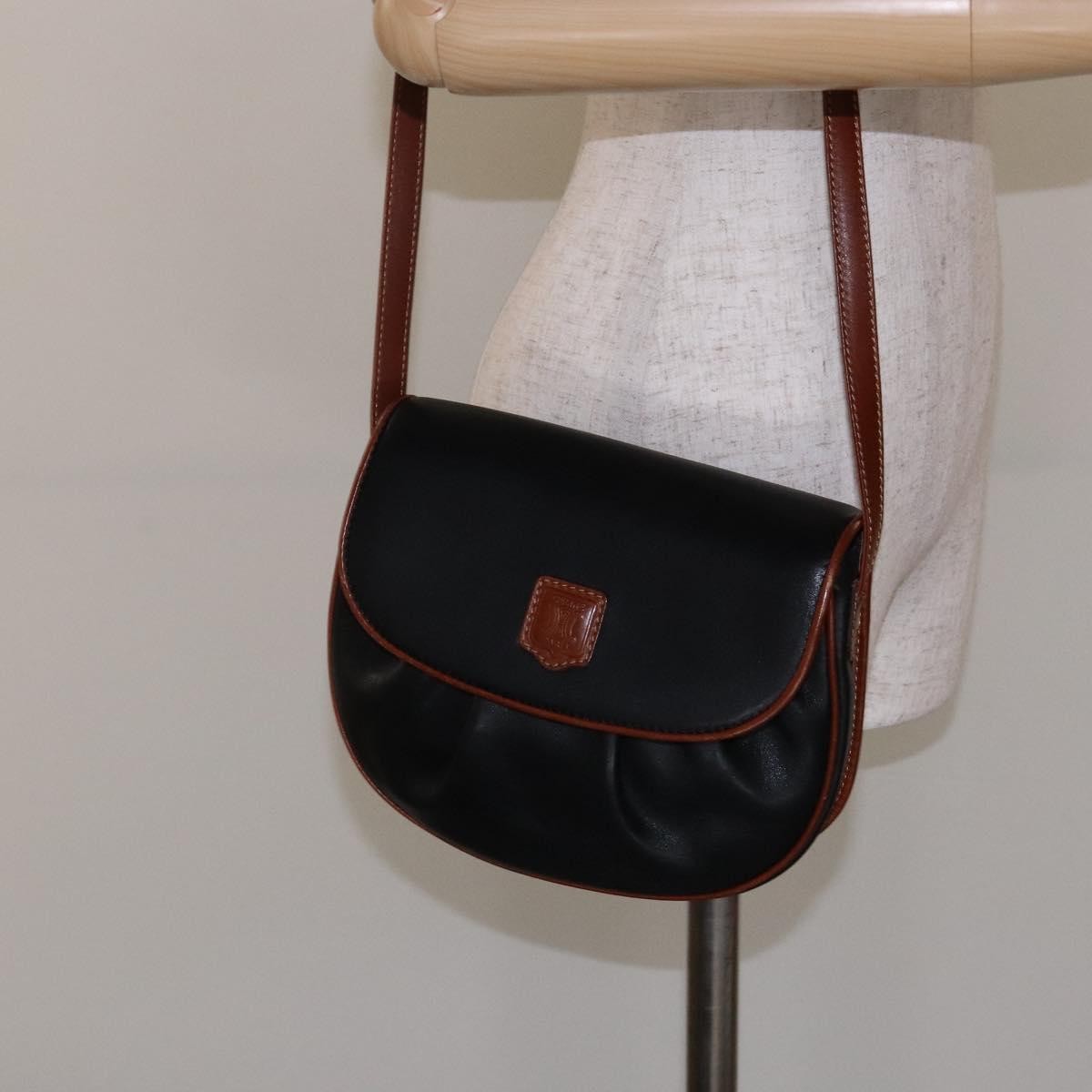 Celine Vintage Triomphe Shoulder Bag Leather, BLACK, LEATHER, Shoulder bag