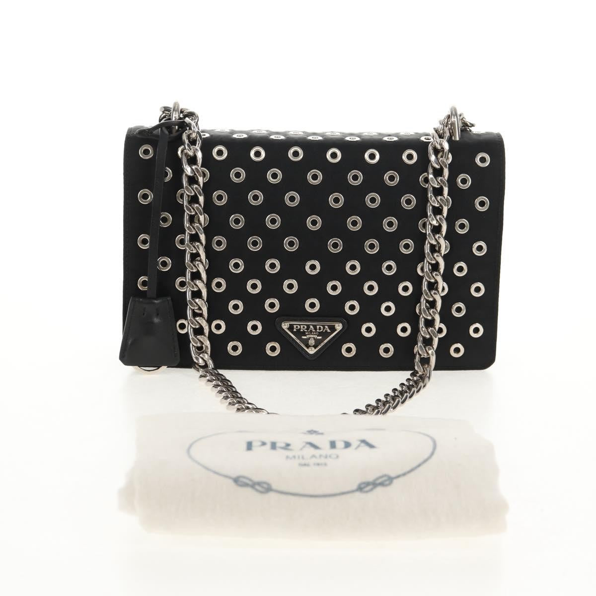 Prada Grommet Chain Flap Shoulder Bag Tessuto with Soft Calf, BLACK, NYLON, Shoulder bag