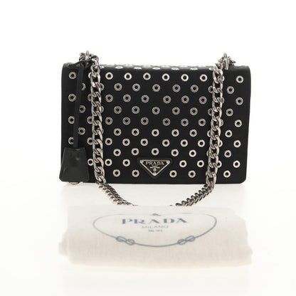 Prada Grommet Chain Flap Shoulder Bag Tessuto with Soft Calf, BLACK, NYLON, Shoulder bag