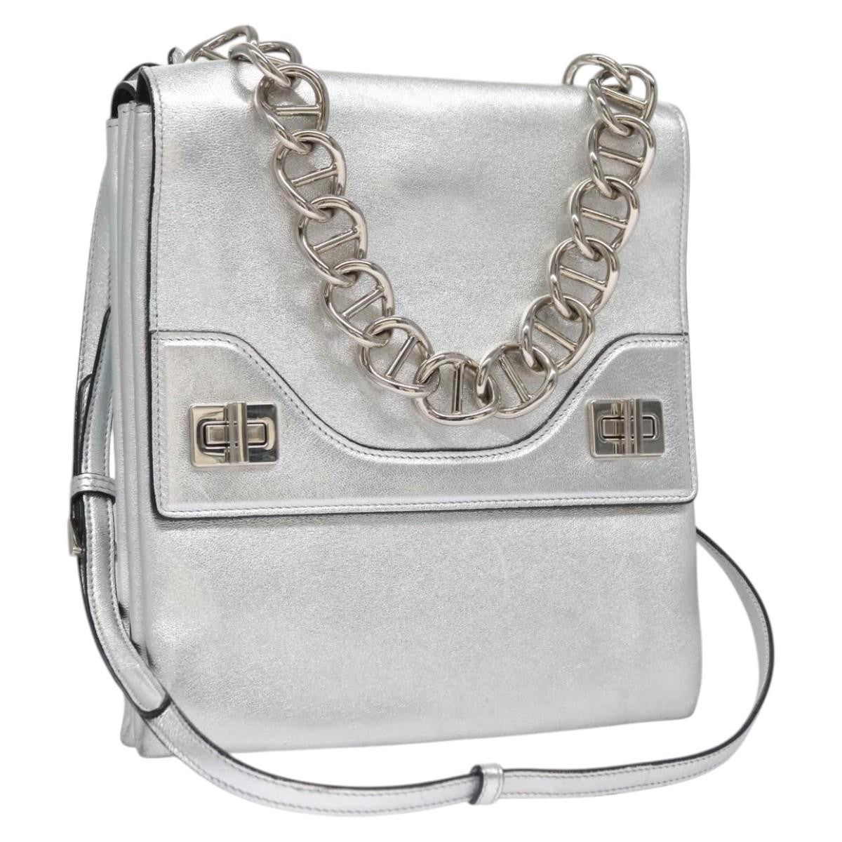 Prada Double Turn Lock Shoulder Bag Leather, SILVER, LEATHER, Shoulder bag