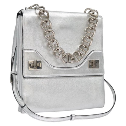 Prada Double Turn Lock Shoulder Bag Leather, SILVER, LEATHER, Shoulder bag