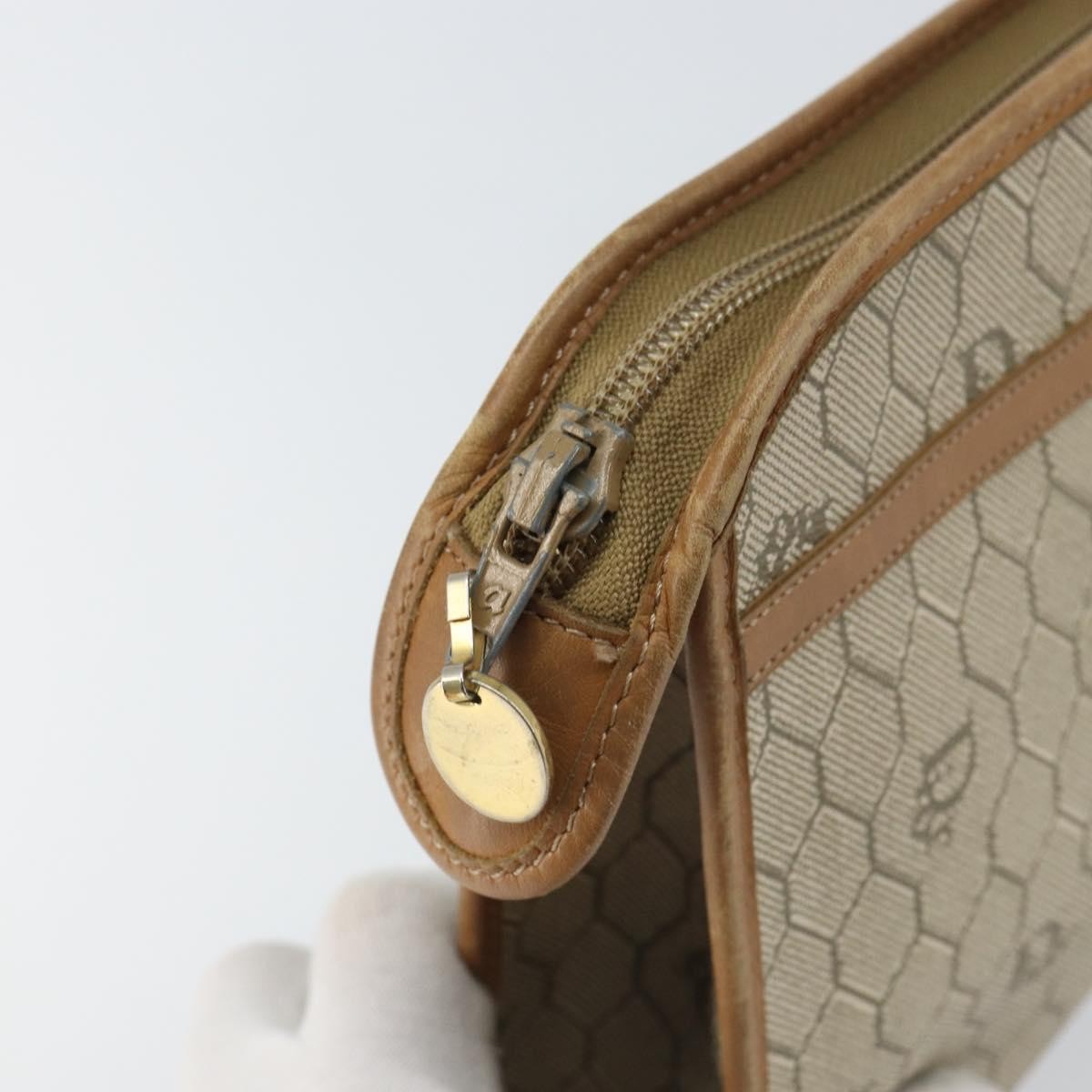Christian Dior Vintage Honeycomb Zip Pouch Canvas and Leather, BEIGE, CANVAS, Clutche & pouche