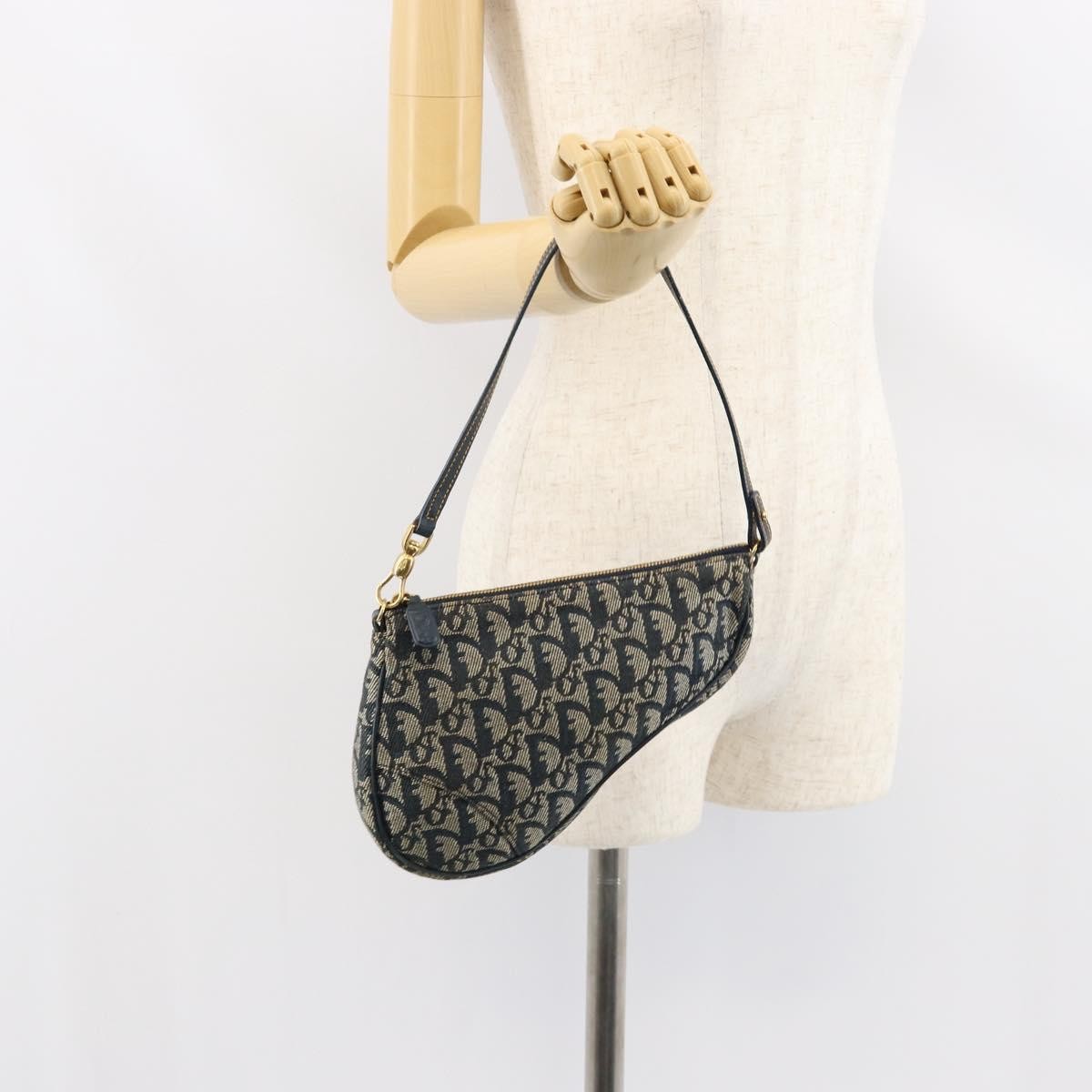 Christian Dior Vintage Saddle Bag Diorissimo Canvas, NAVY, CANVAS, Clutche & pouche