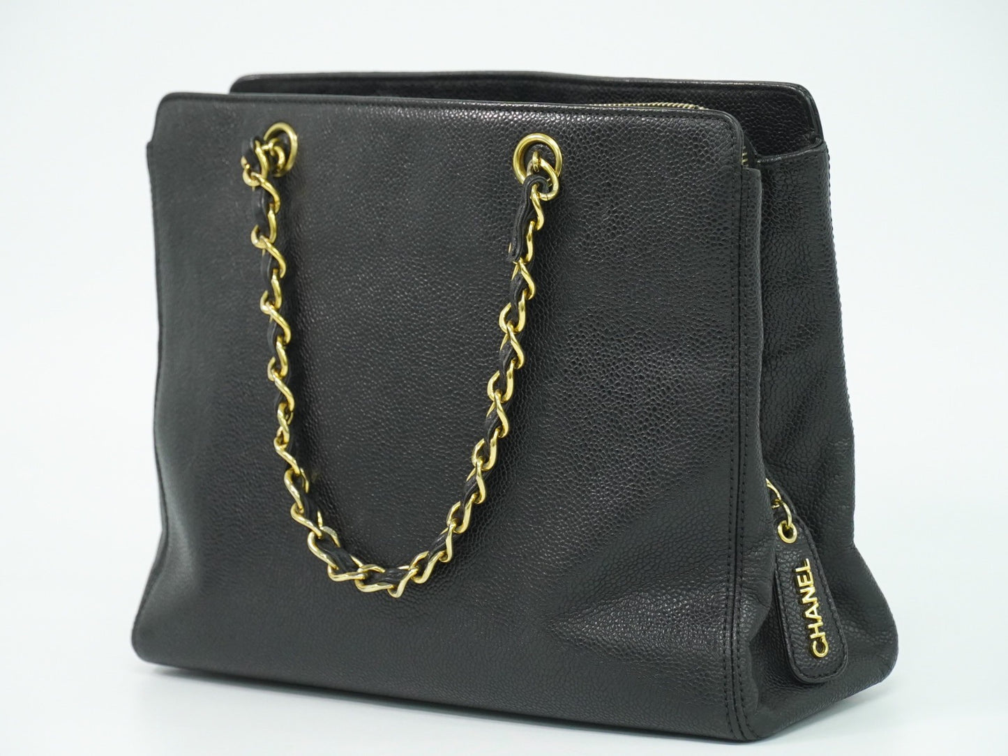 Chanel Vintage Logo Chain Tote Caviar, BLACK, LEATHER, Tote bag