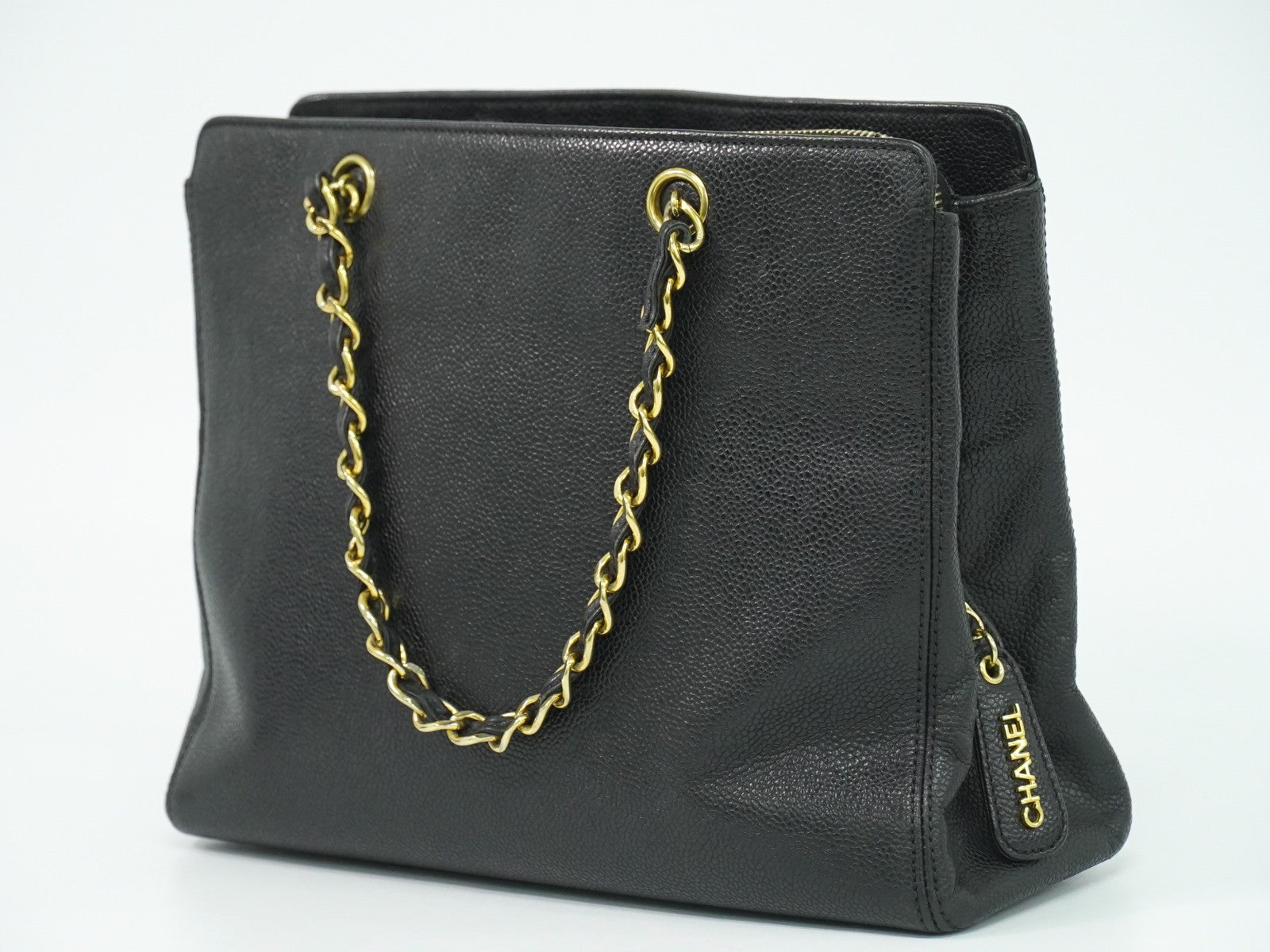 Chanel Vintage Logo Chain Tote Caviar, BLACK, LEATHER, Tote bag