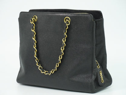 Chanel Vintage Logo Chain Tote Caviar, BLACK, LEATHER, Tote bag