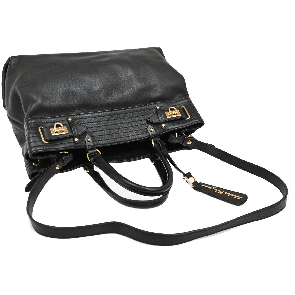 Salvatore Ferragamo Double Gancini Side Buckle Tote Leather, BLACK, LEATHER, Tote bag