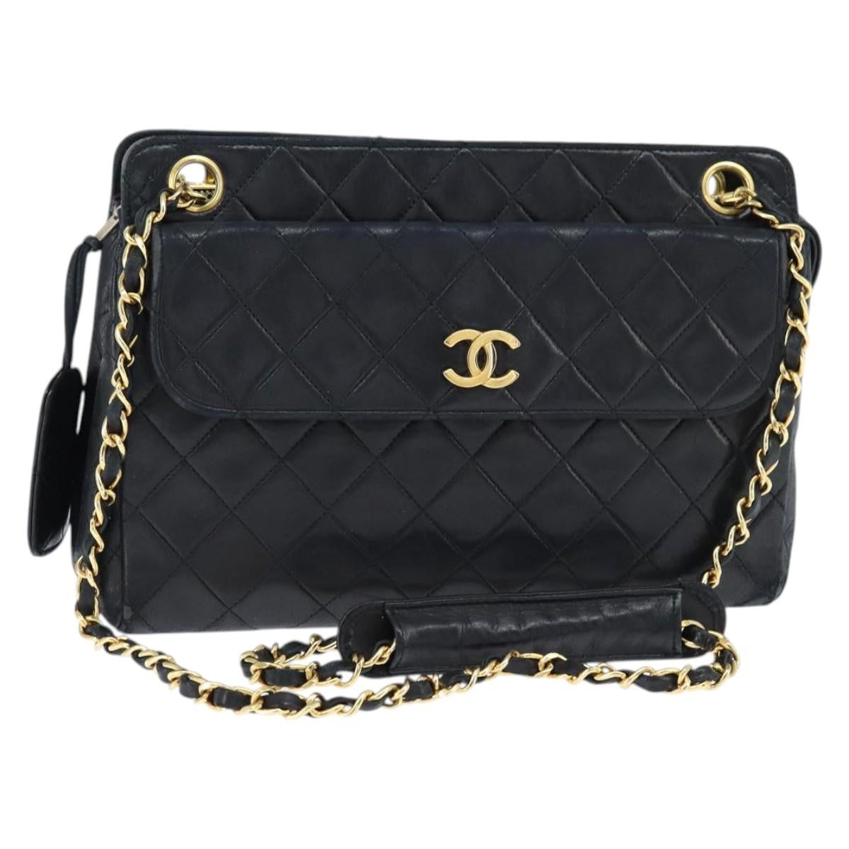 Chanel Vintage Front Pocket Shoulder Bag Quilted Lambskin, BLACK, LEATHER, Shoulder bag