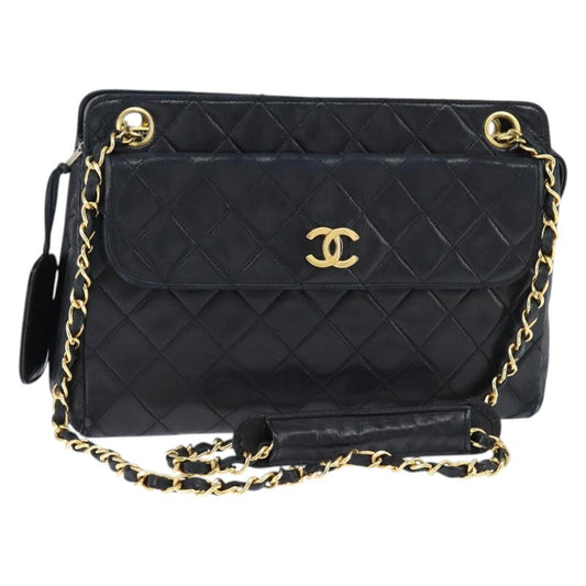 Chanel Vintage Front Pocket Shoulder Bag Quilted Lambskin, BLACK, LEATHER, Shoulder bag