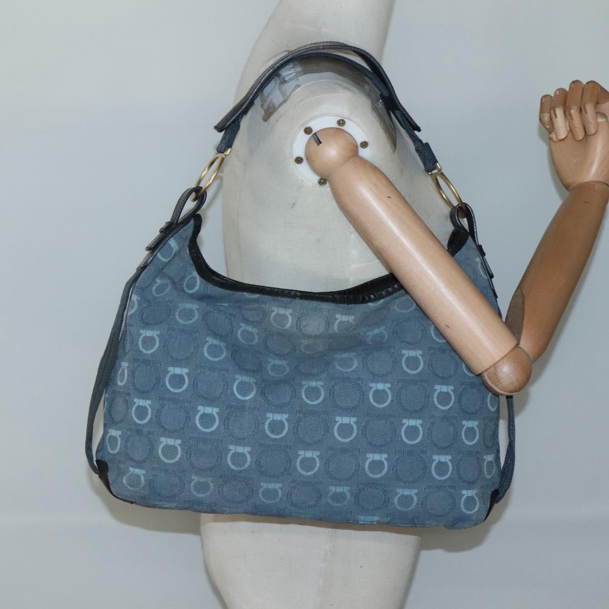 Salvatore Ferragamo Gancini Shoulder Bag Canvas, BLUE, CANVAS, Shoulder bag