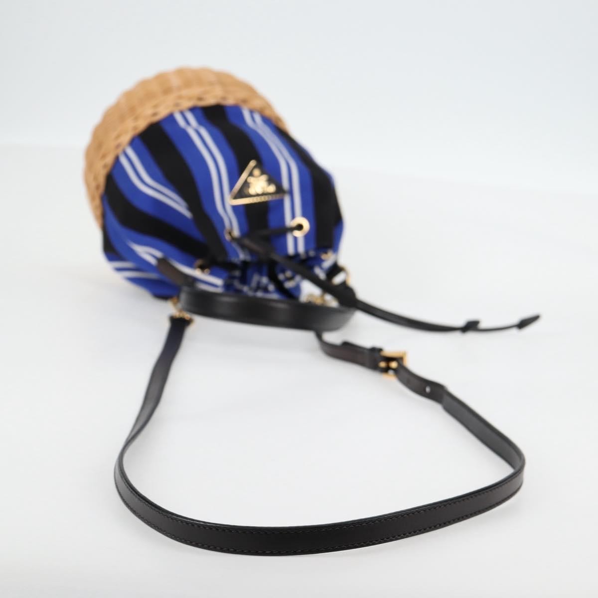 Prada Drawstring Bucket Bag Canvas and Wicker, BLUE, CANVAS, Handbag