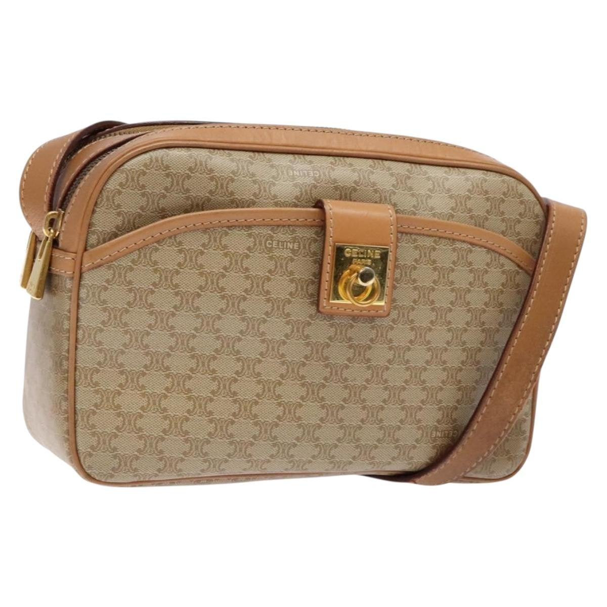 Celine Vintage Macadam Shoulder Bag Canvas and Leather, BEIGE, CANVAS, Shoulder bag