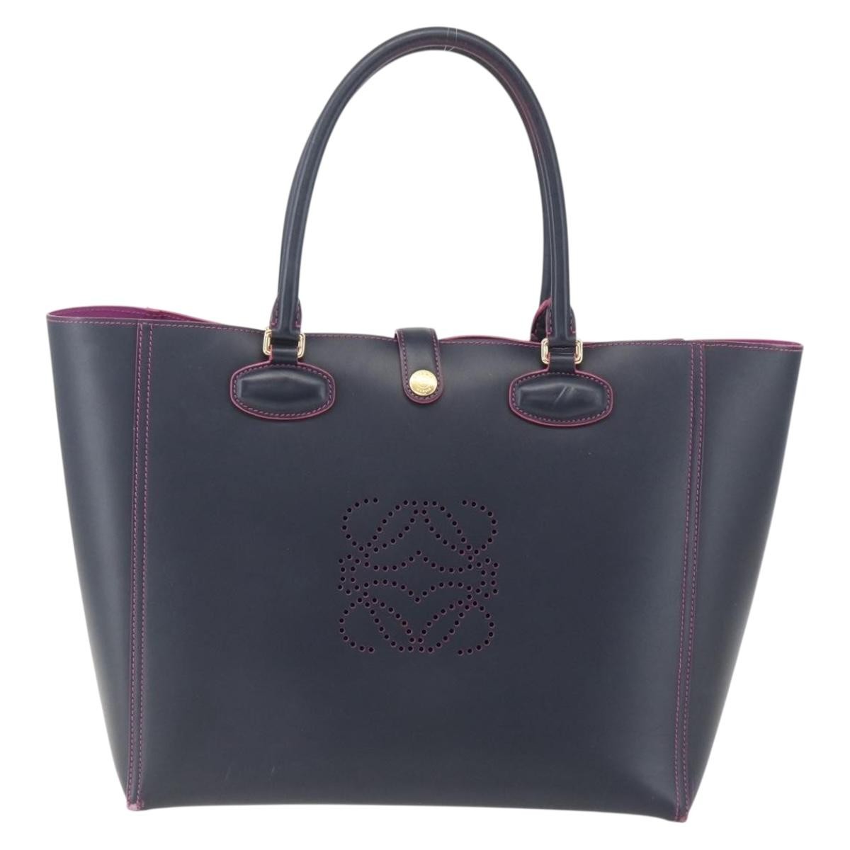 Loewe Leo Shopper Tote Perforated Leather, NAVY, LEATHER, Tote bag