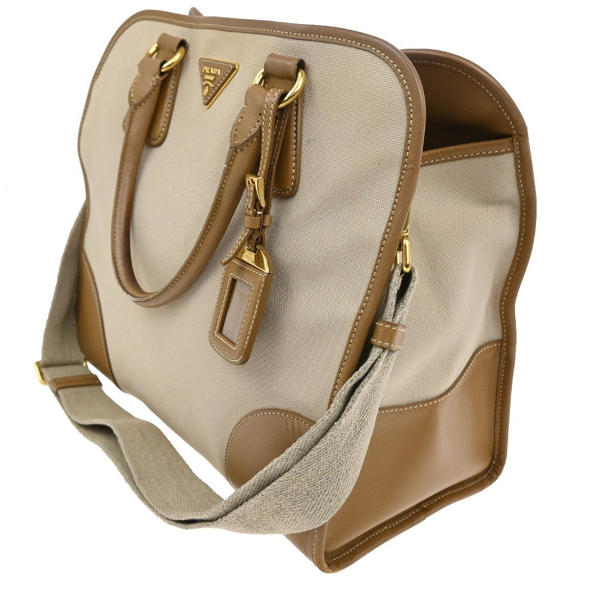Prada Convertible Tote Canvas and Saffiano Leather, BEIGE, CANVAS, Tote bag