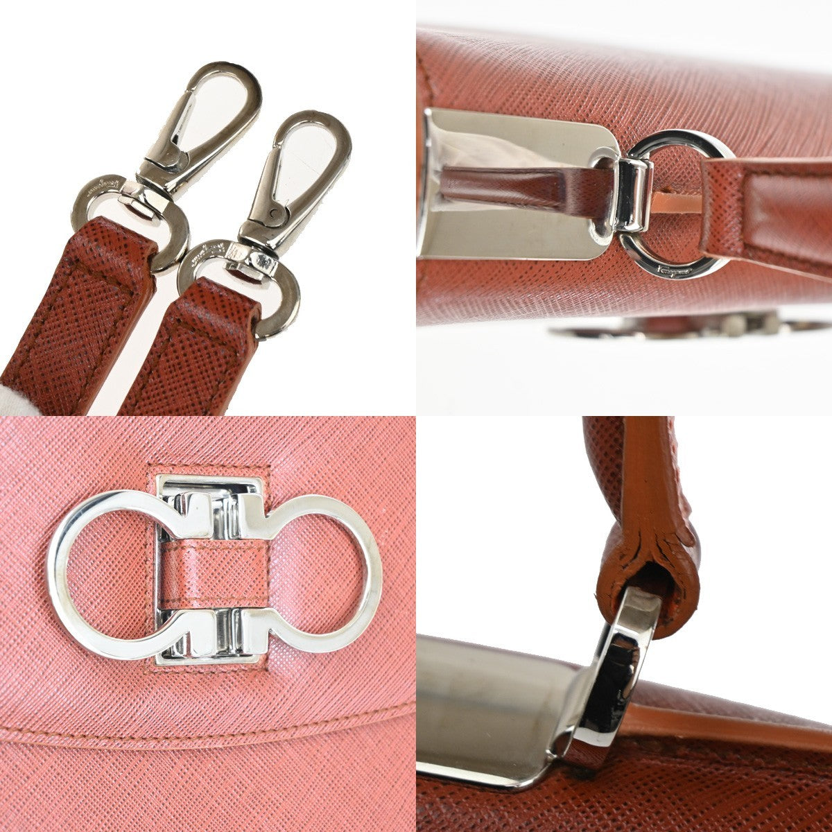 Salvatore Ferragamo Double Gancini Top Handle Bag Saffiano Leather, Brown, Leather, Handbag