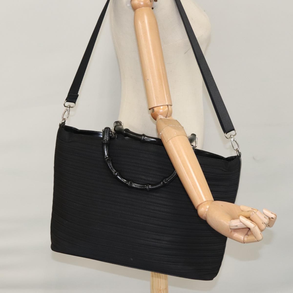Gucci Vintage Bamboo Handle Tote Nylon, BLACK, NYLON, Tote bag