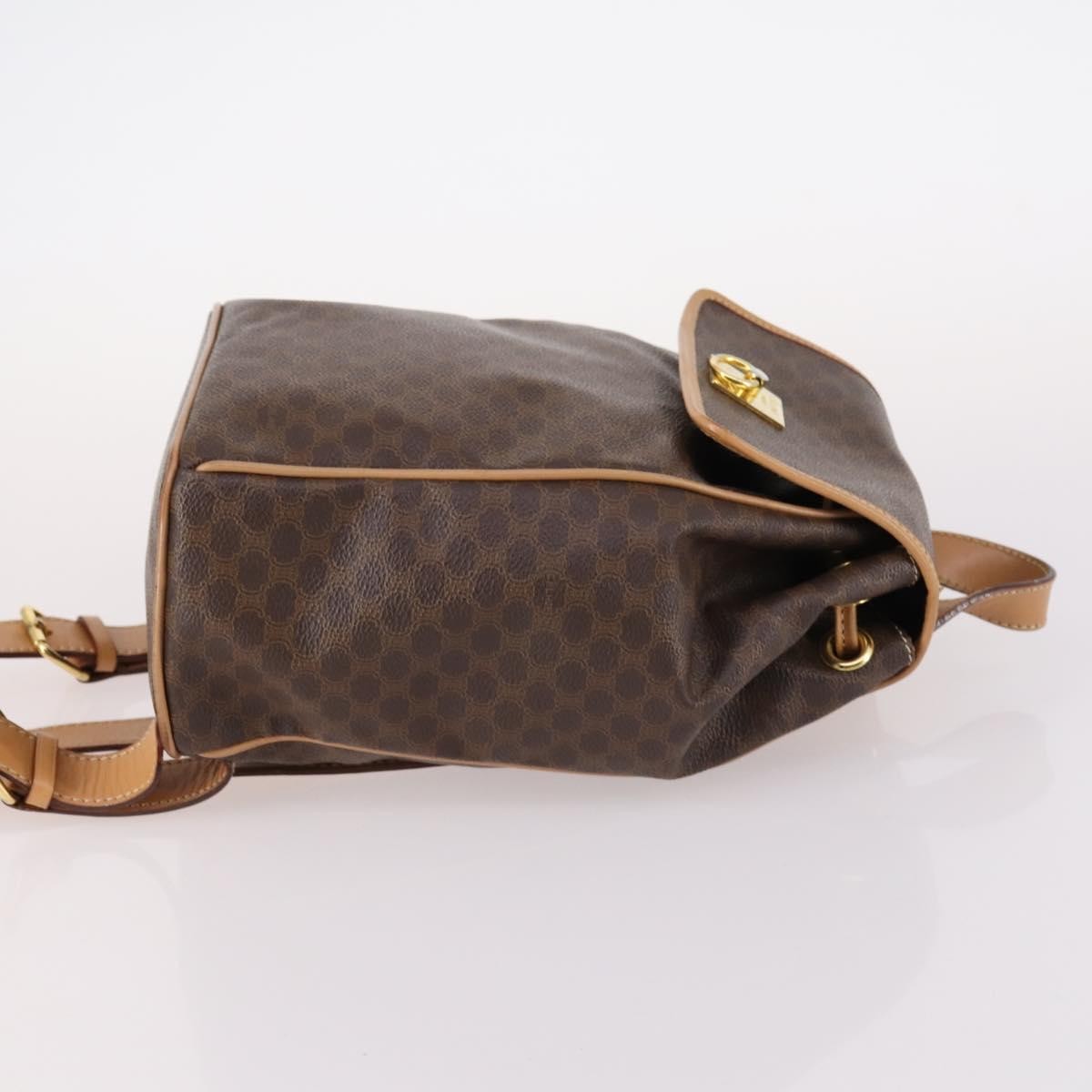 Celine Vintage Drawstring Flap Backpack Macadam Coated Canvas, BROWN, CANVAS, Backpack