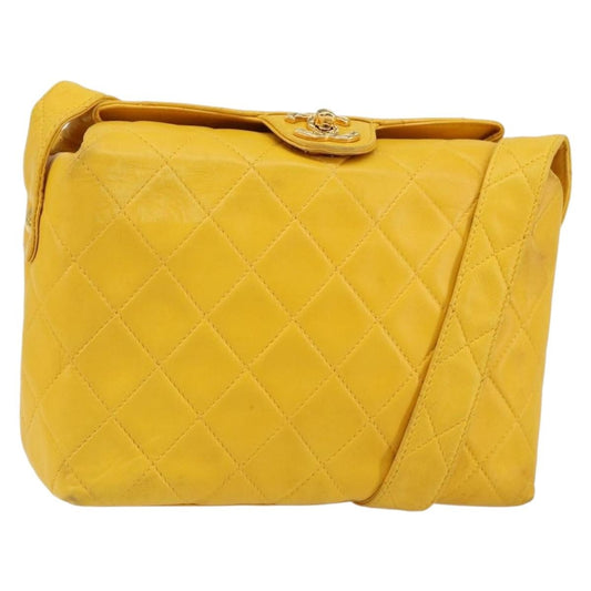 Chanel Vintage CC Fold Over Shoulder Bag Quilted Lambskin, YELLOW, LEATHER, Shoulder bag