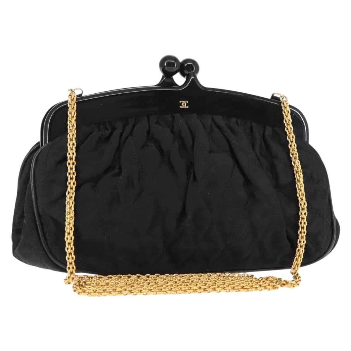 Chanel Vintage Kisslock Frame Bag Pleated Satin, BLACK, SATIN, Shoulder bag