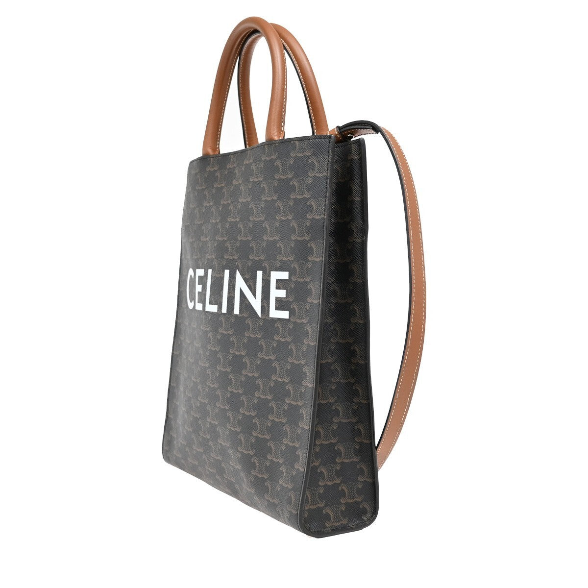 Celine Vertical Cabas Tote Triomphe Coated Canvas, BROWN, CANVAS, Tote bag