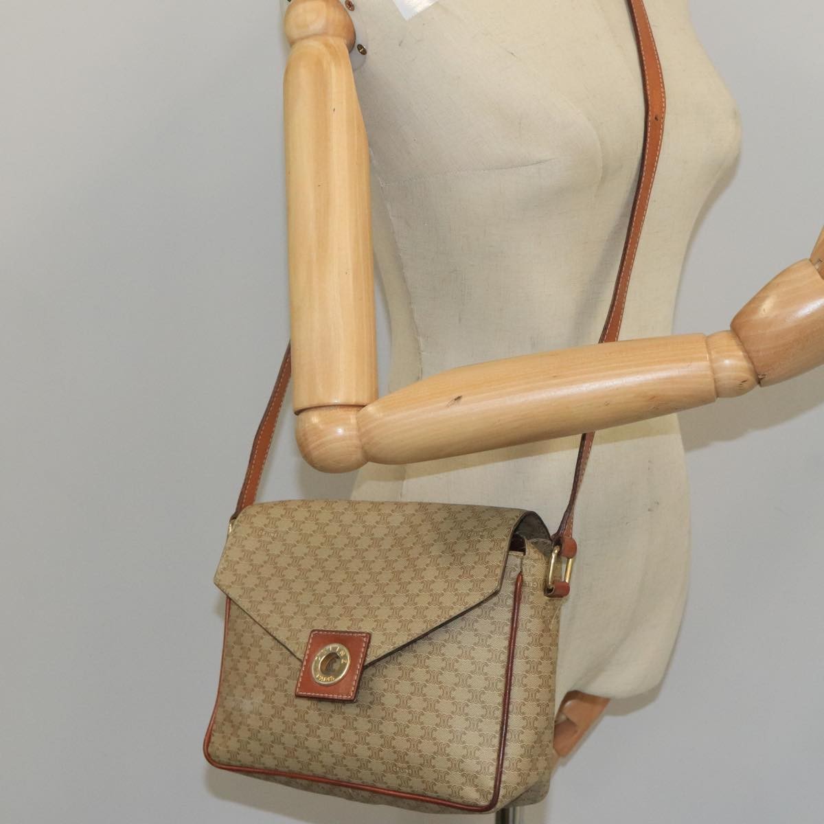 Celine Vintage Macadam Circle Logo Shoulder Bag Canvas and Leather, BEIGE, CANVAS, Shoulder bag