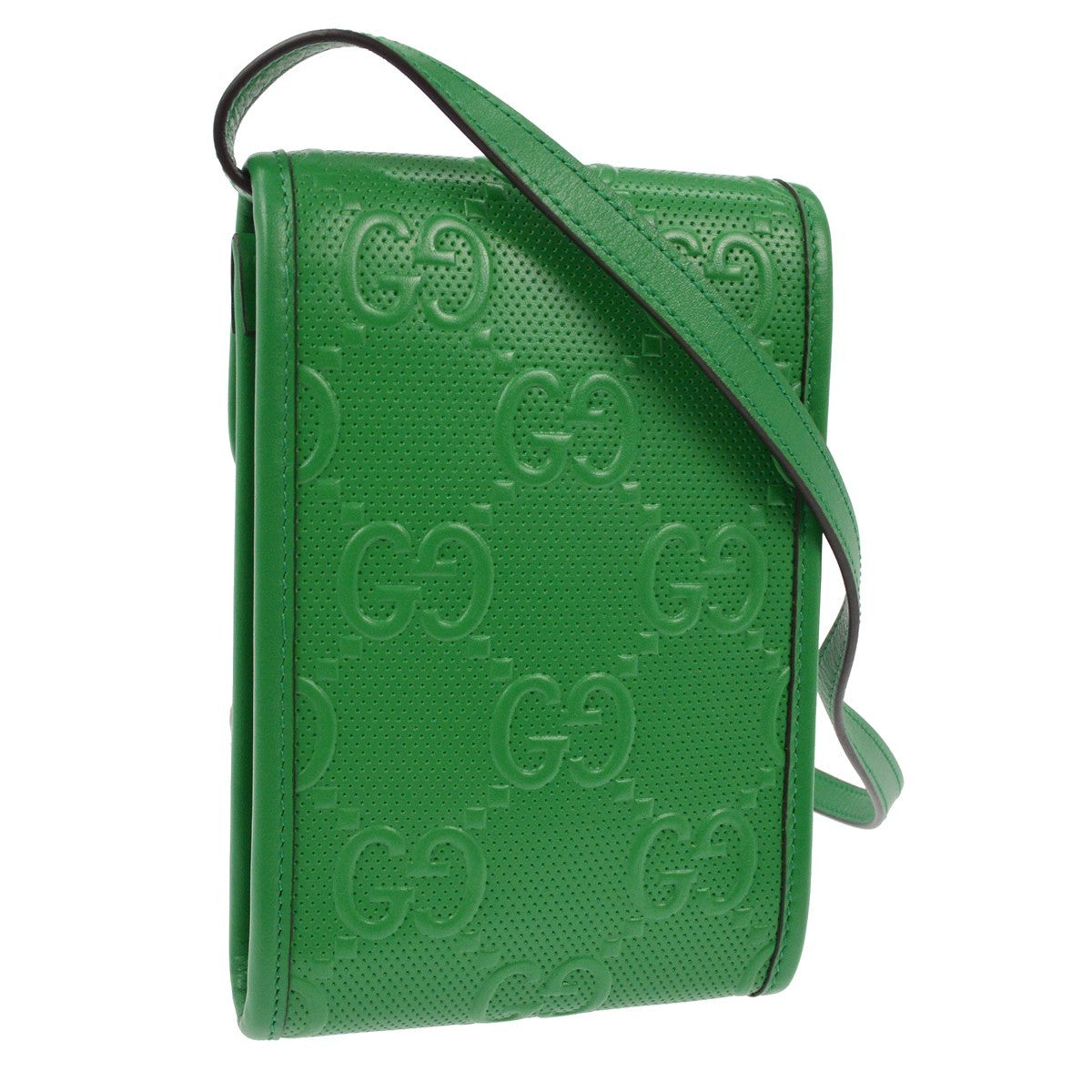 Gucci Flap Crossbody Bag GG Embossed Perforated Leather, GREEN, LEATHER, Clutche & pouche