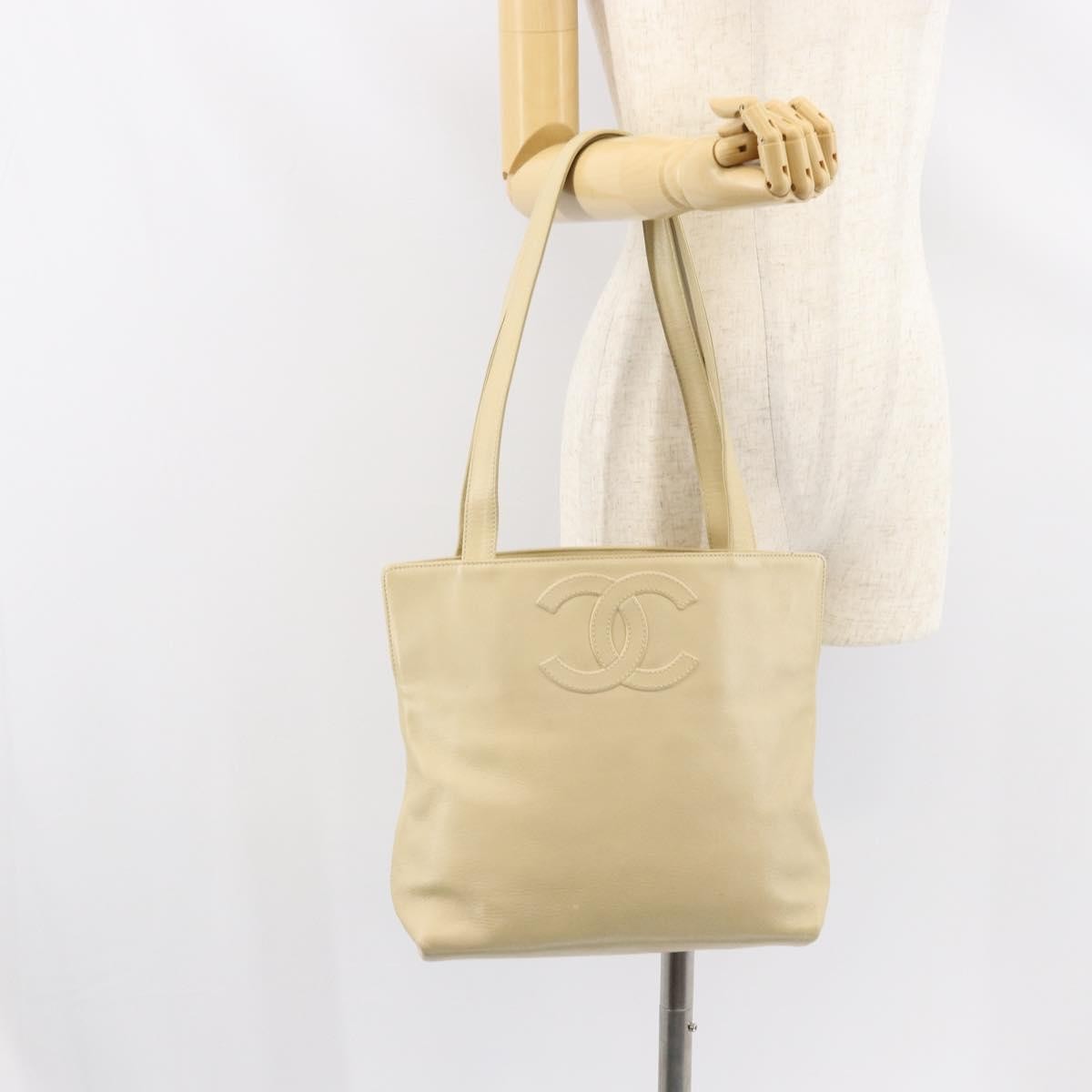 Chanel Vintage CC Logo Tote Leather, BEIGE, LEATHER, Tote bag