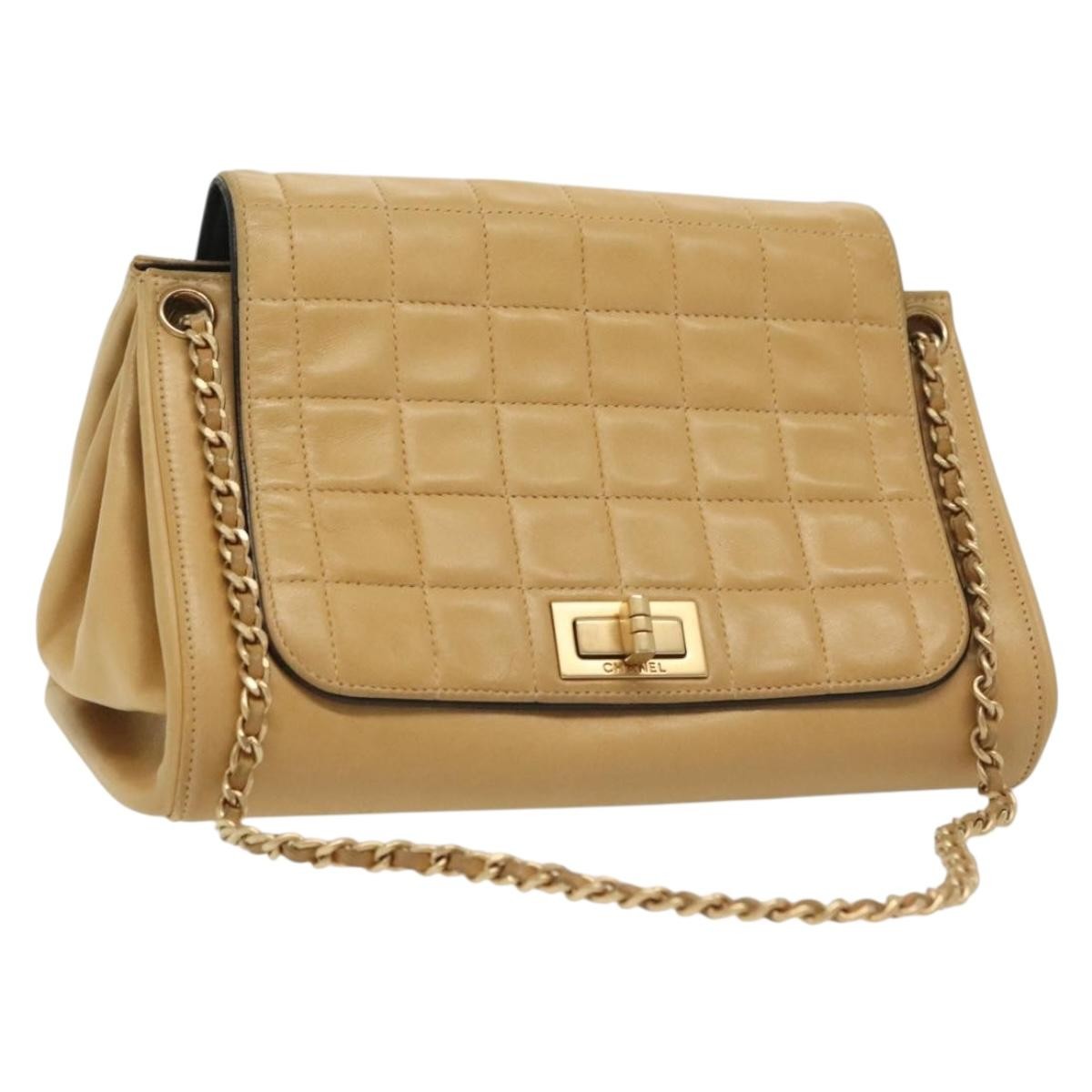 Chanel Chocolate Bar Flap Bag Quilted Lambskin, BEIGE, LEATHER, Shoulder bag