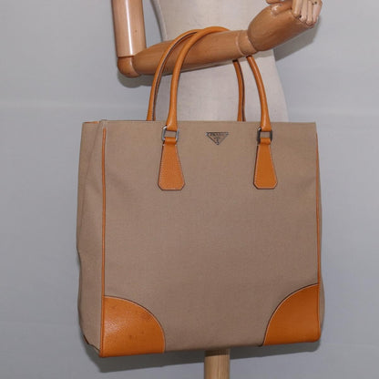 Prada Lux Convertible Open Tote Canvas and leather, BEIGE, CANVAS, Tote bag