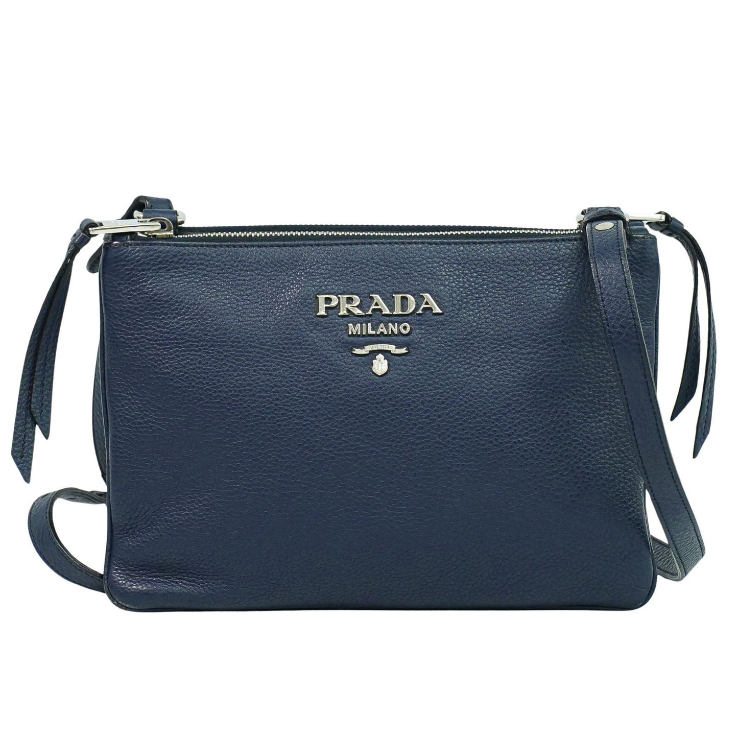 Prada Double Zip Crossbody Bag Vitello Daino, NAVY, LEATHER, Shoulder bag
