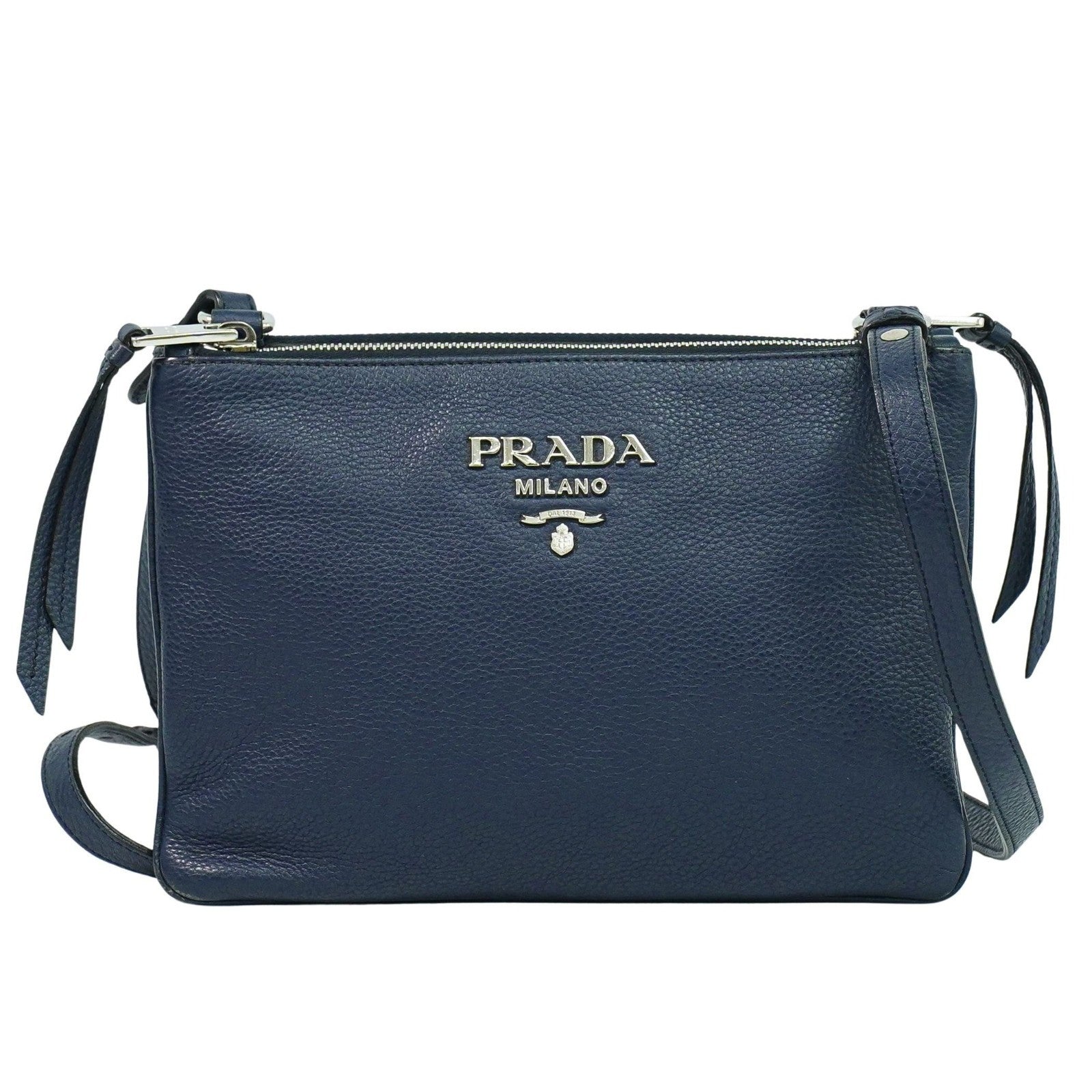 Prada Double Zip Crossbody Bag Vitello Daino, NAVY, LEATHER, Shoulder bag