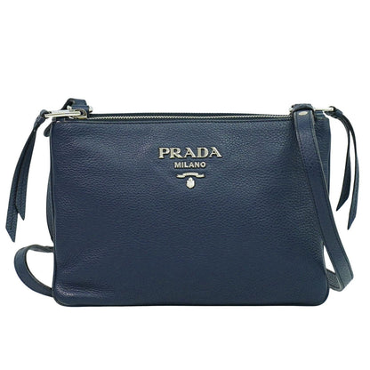 Prada Double Zip Crossbody Bag Vitello Daino, NAVY, LEATHER, Shoulder bag