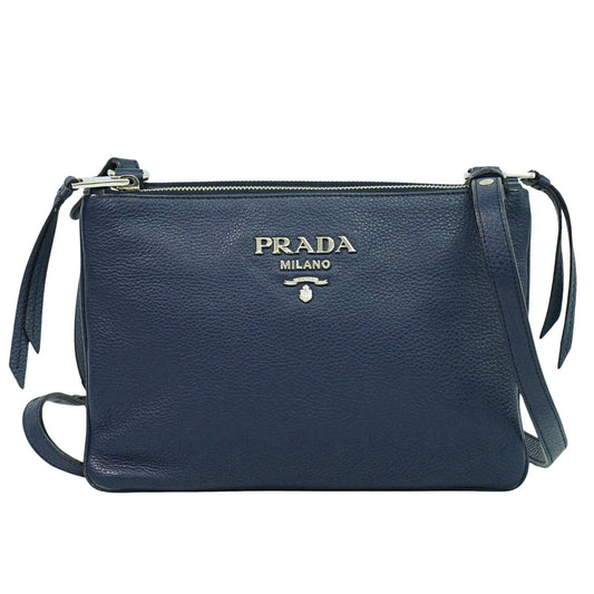 Prada Double Zip Crossbody Bag Vitello Daino, NAVY, LEATHER, Shoulder bag