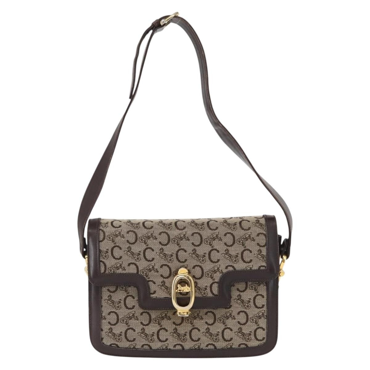 Celine Vintage C Sulky Horsebit Shoulder bag Canvas and Leather, BROWN, CANVAS, Shoulder bag