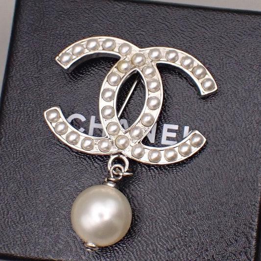 Chanel CC Drop Brooch Metal and Faux Pearls, SILVER, SILVER_PLATED, Brooch