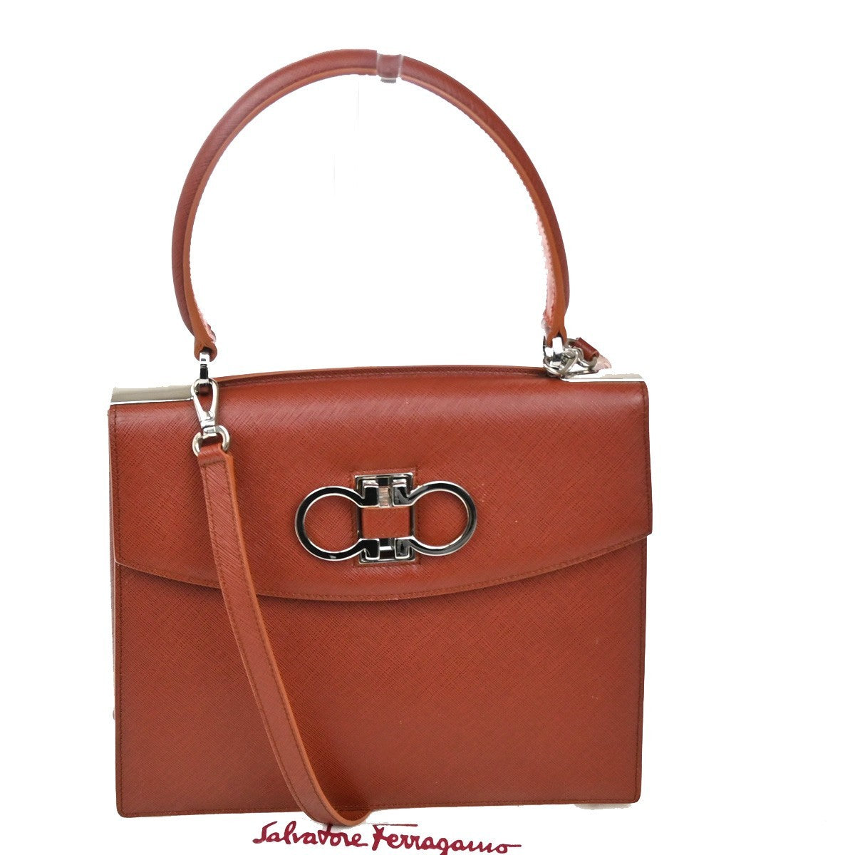 Salvatore Ferragamo Double Gancini Top Handle Bag Saffiano Leather, Brown, Leather, Handbag