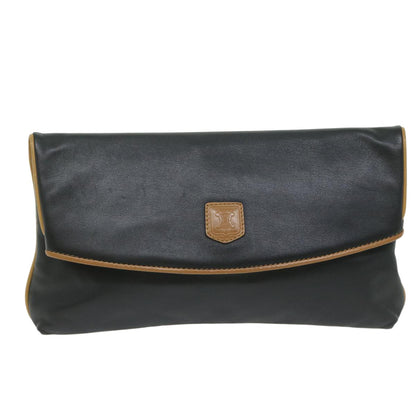 Celine Logo Triomphe Pouch Leather, BLACK, LEATHER, Clutche & pouche