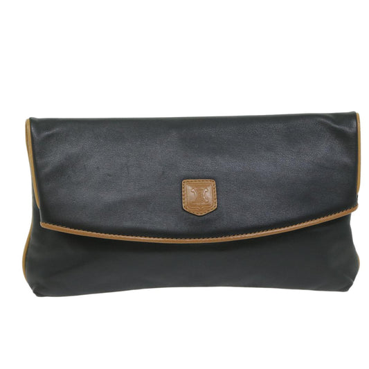 Celine Logo Triomphe Pouch Leather, BLACK, LEATHER, Clutche & pouche
