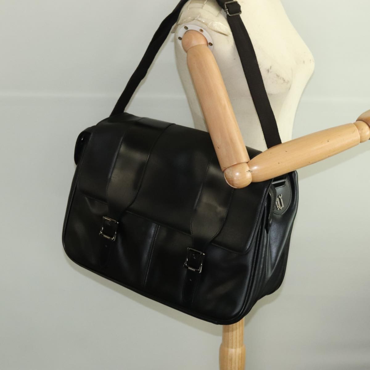 Versace Messenger Bag Leather, BLACK, LEATHER, Shoulder bag