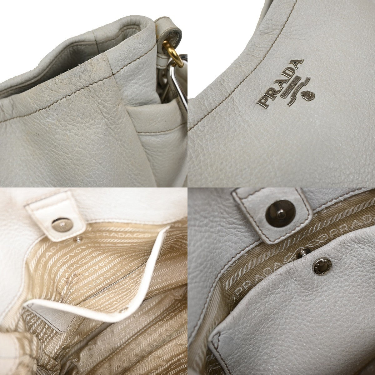 Prada Side Pocket Zip Hobo Vitello Daino, WHITE, LEATHER, Shoulder bag
