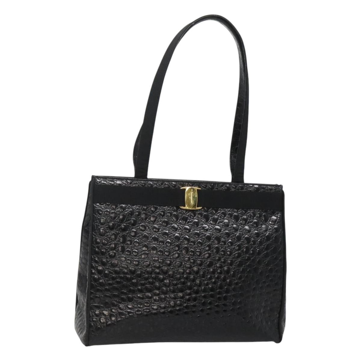 Salvatore Ferragamo Vintage Vara Bow Tote Lizard Embossed Leather, BLACK, LEATHER, Tote bag