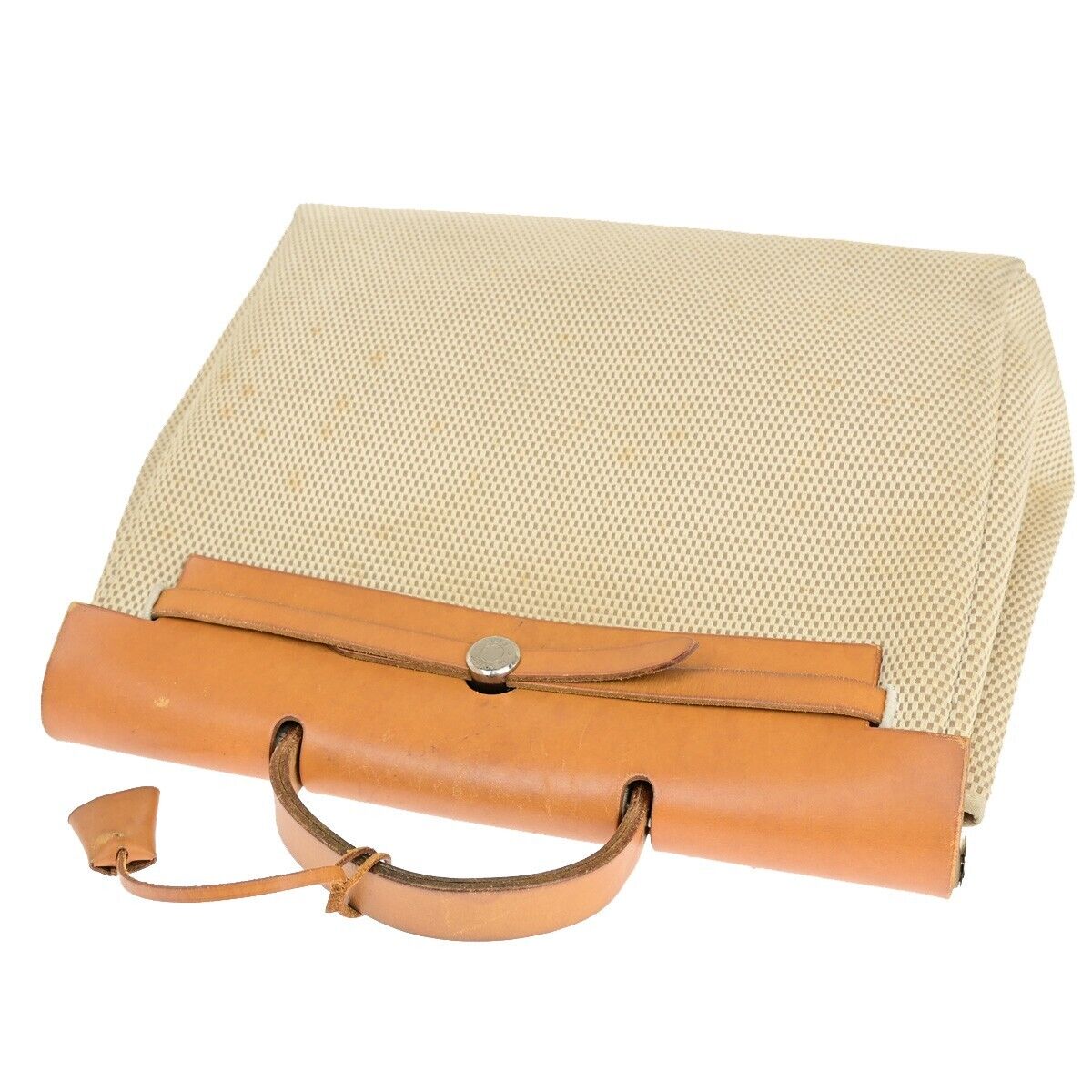Hermes Herbag Zip Leather and Toile, BROWN, CANVAS, Travel bag