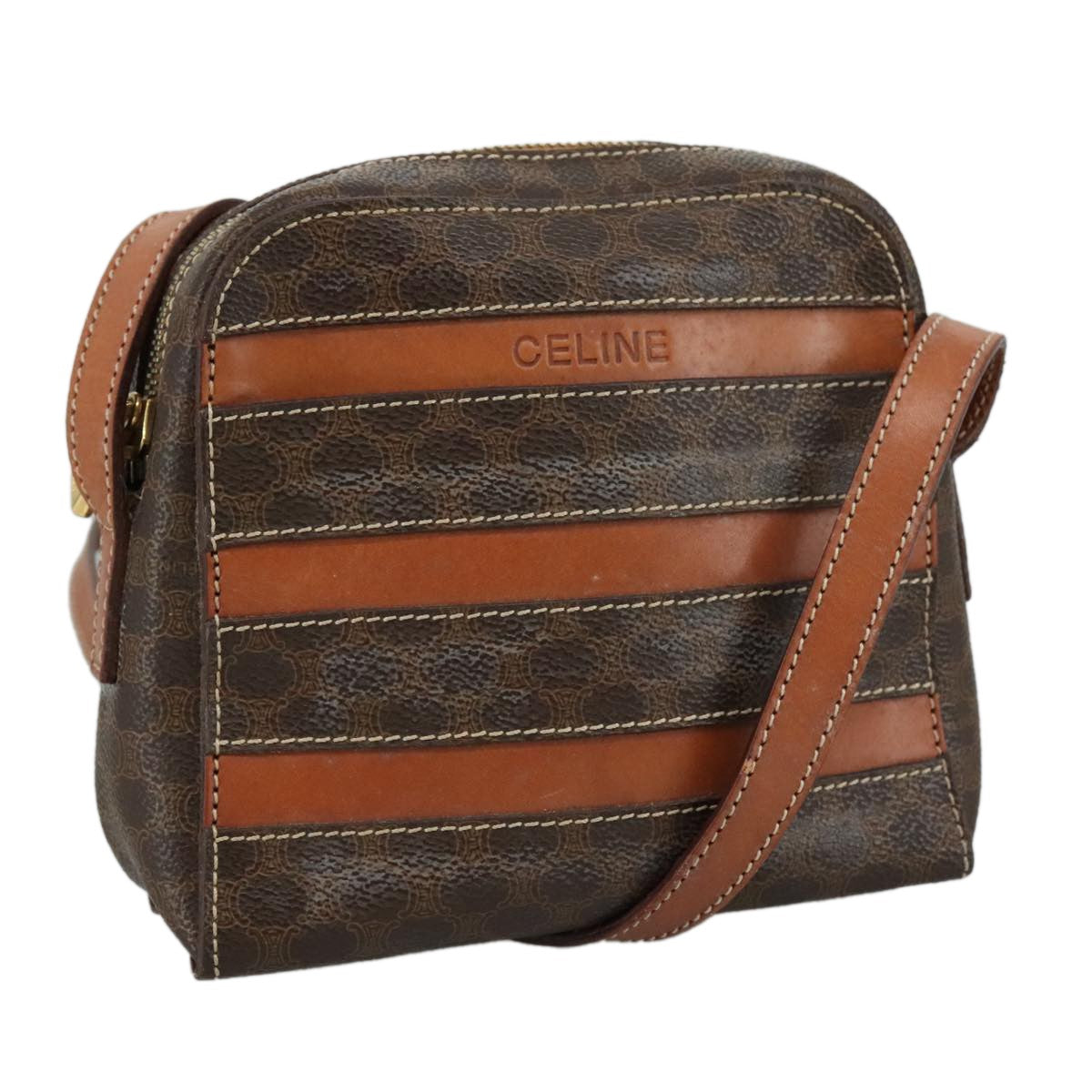 Celine Macadam Shoulder Bag Leather, BROWN, LEATHER, Shoulder bag