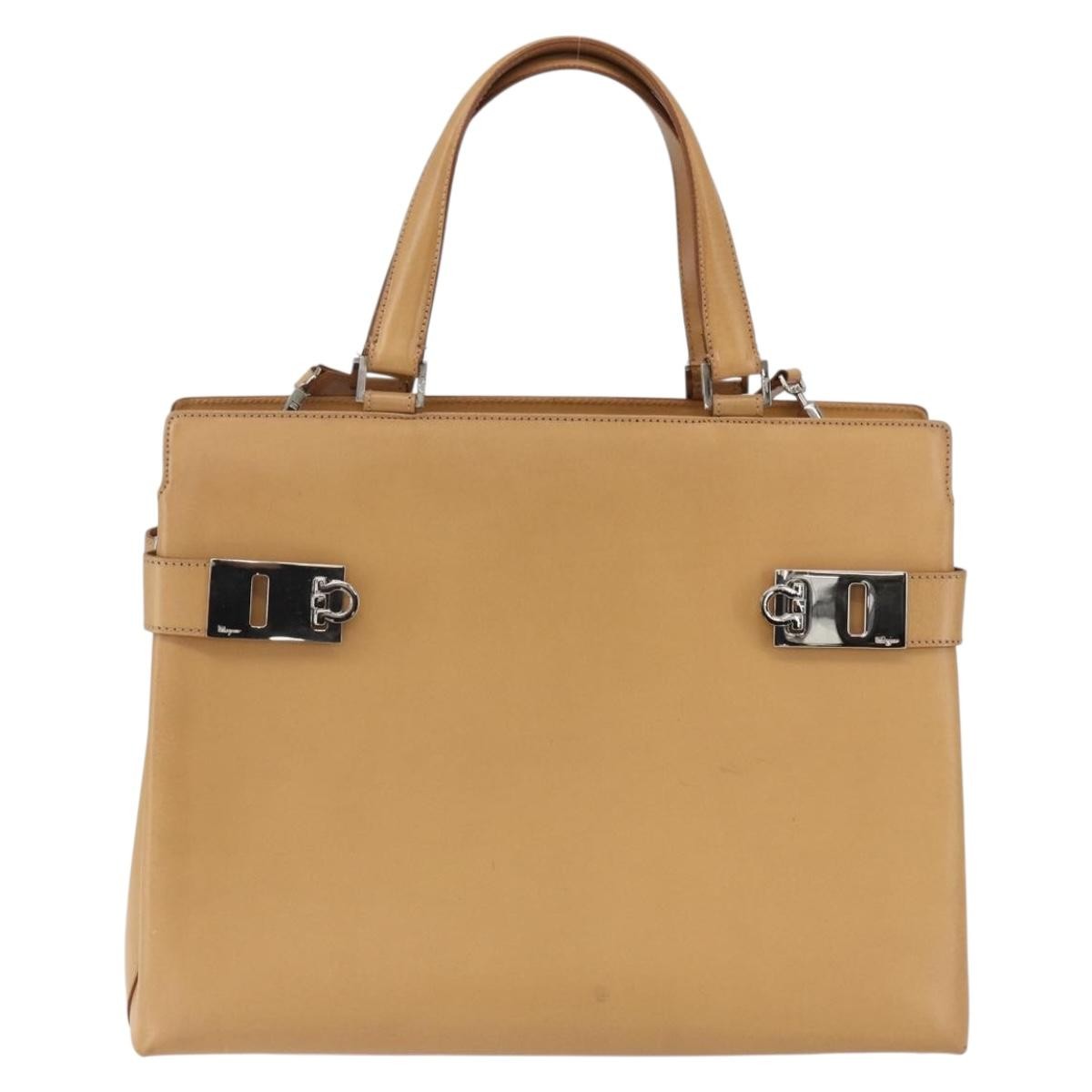 Salvatore Ferragamo Double Gancini Side Buckle Tote Leather, BEIGE, LEATHER, Handbag