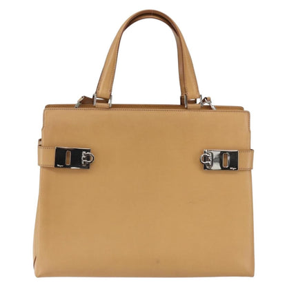 Salvatore Ferragamo Double Gancini Side Buckle Tote Leather, BEIGE, LEATHER, Handbag
